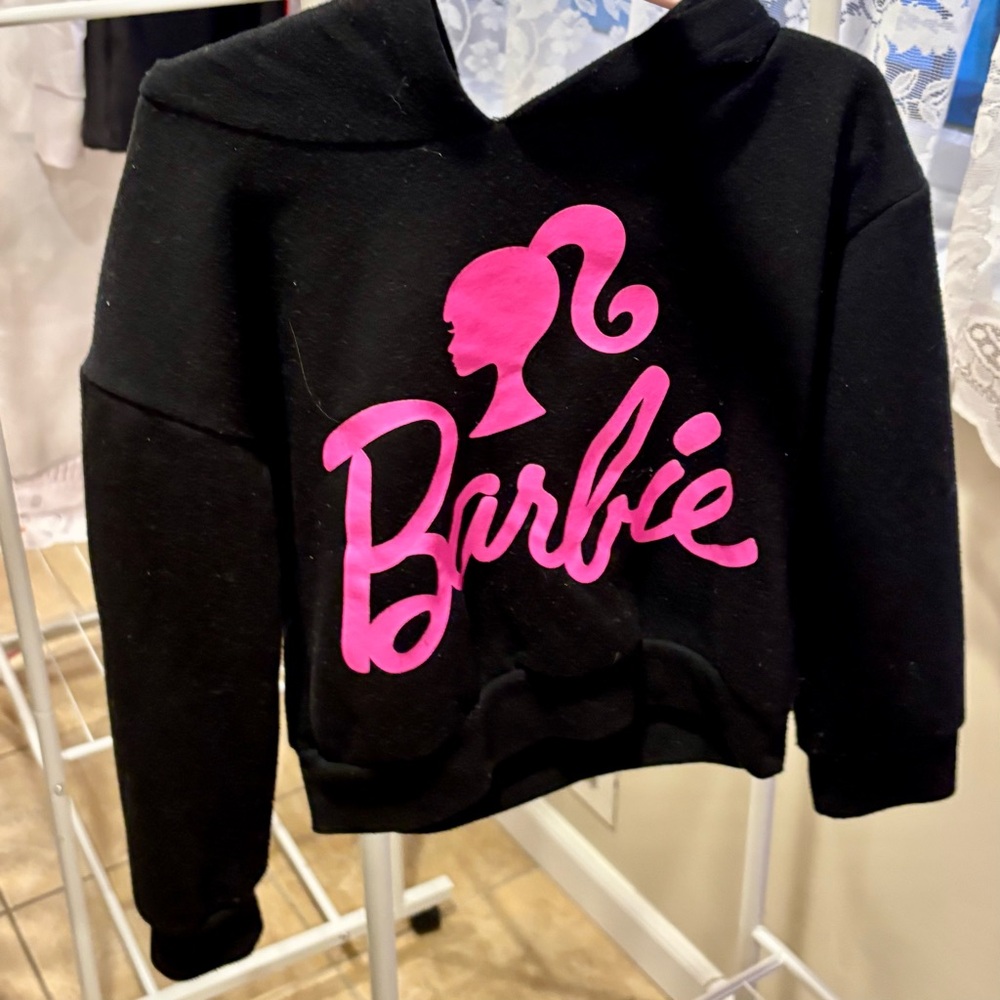 Girls Barbie Hoodie Pink Logo Black Pullover Sweatshirt Size 4 Mattel